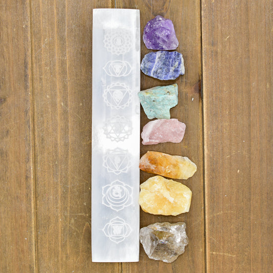 Chakra Engraved Selenite Charging Bar with 7-Raw Crystals