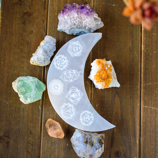 Engraved Crescent Moon Selenite Plate and Chakras Stone Set