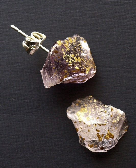 Gold Splatter & Raw Amethyst Chunk Earrings